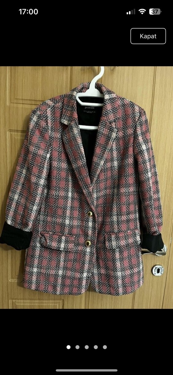 Pembe Kareli Midi Kadın Blazer Ceket - Görsel 3