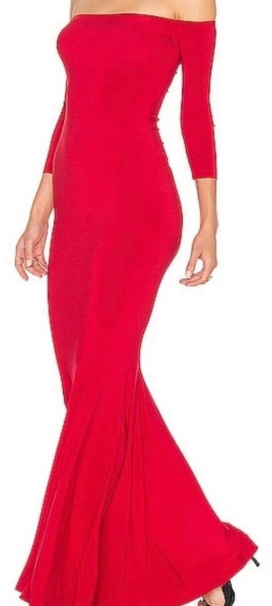 Parlak Kırmızı straplez etek ucu volanlı  Uzun Kalem Elbise - Görsel 3