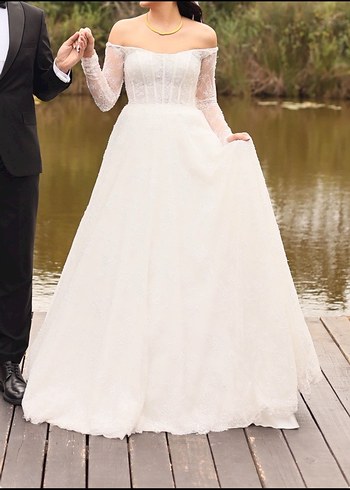 Uzun Kollu Straplez Prenses Gelinlik - Görsel 4