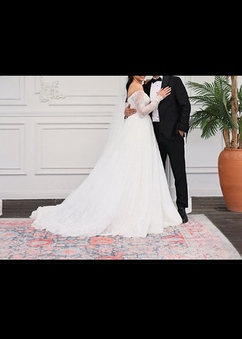 Uzun Kollu Straplez Prenses Gelinlik - Görsel 5