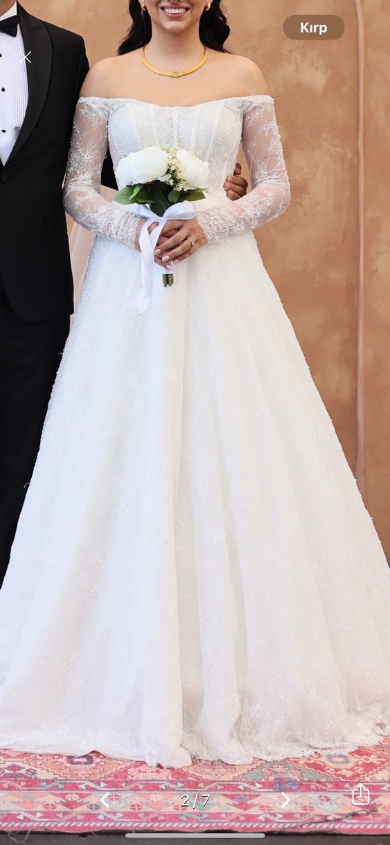 Uzun Kollu Straplez Prenses Gelinlik - Görsel 2