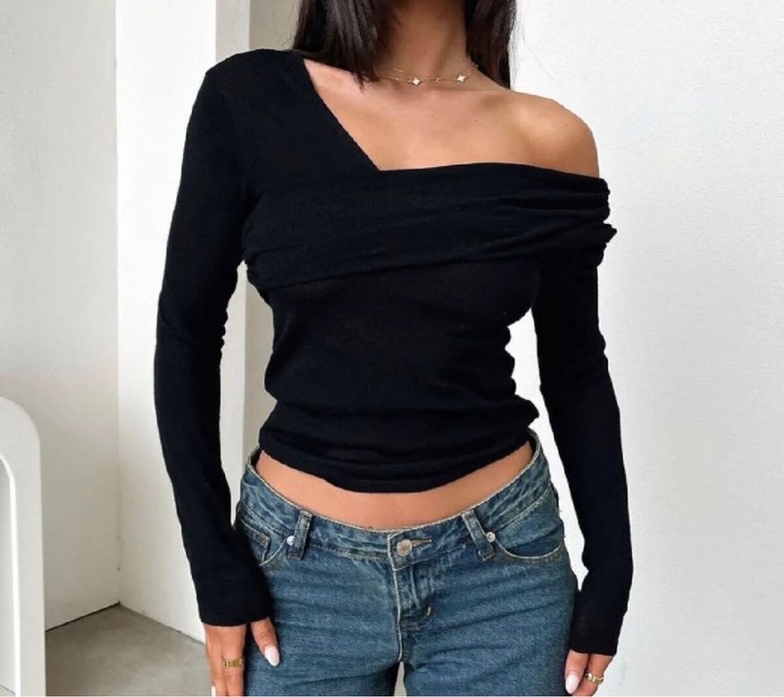 Siyah  Uzun Kollu asimetrik bluz - Görsel 4