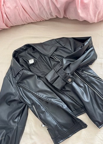 Kadın Siyah Deri Biker Ceket - Görsel 2