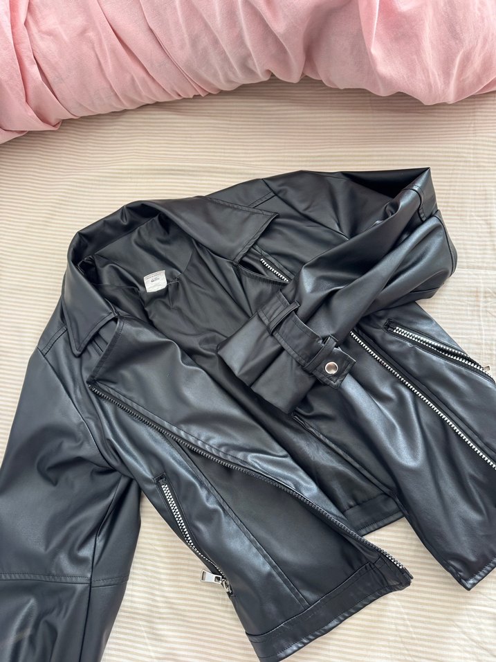 Kadın Siyah Deri Biker Ceket - Görsel 2