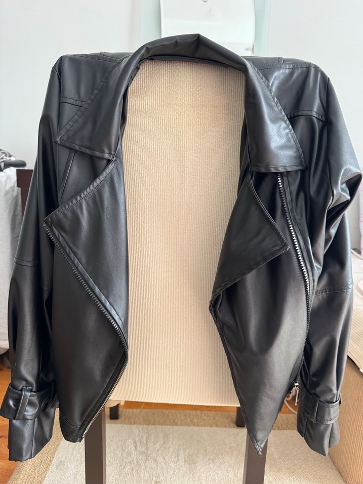 Kadın Siyah Deri Biker Ceket - Görsel 3