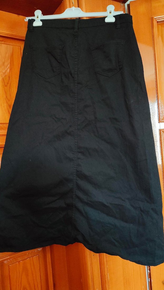 Drapeli Siyah Keten Uzun Etek - Görsel 2