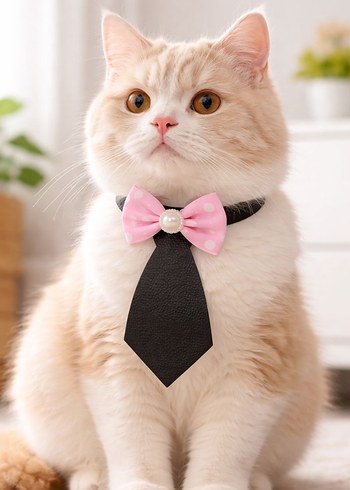 Pembe Fiyonklu Siyah Deri Kravatı kedi tasması - Görsel 2