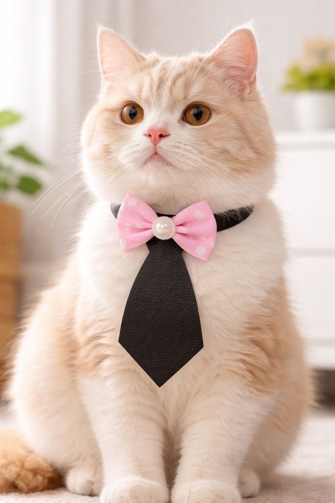 Pembe Fiyonklu Siyah Deri Kravatı kedi tasması - Görsel 2