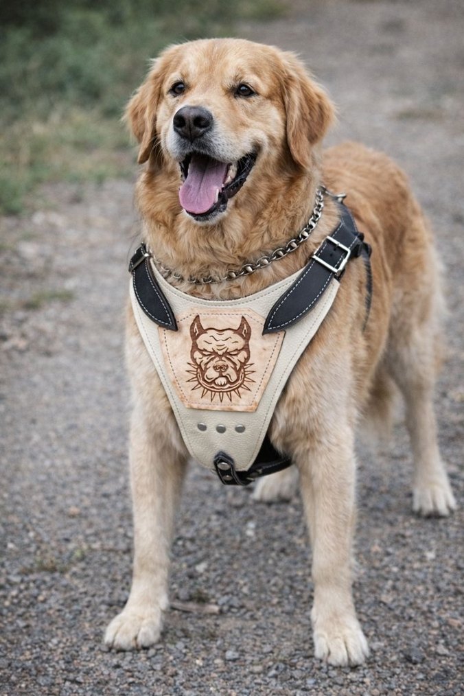 Bej Deri Köpek Göğüs Tasması - Görsel 2