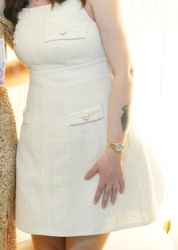 Düğmeli Bej Midi Kolsuz Elbise - Görsel 3