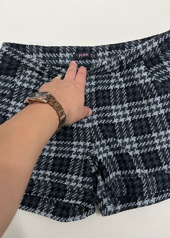 diğer Beden Düğmeli Gri Ekose Mini Kadın Şort