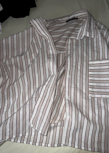 Düğmeli Bej Keten Kadın Gömlek - Görsel 2