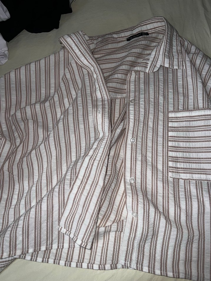 Düğmeli Bej Keten Kadın Gömlek - Görsel 2