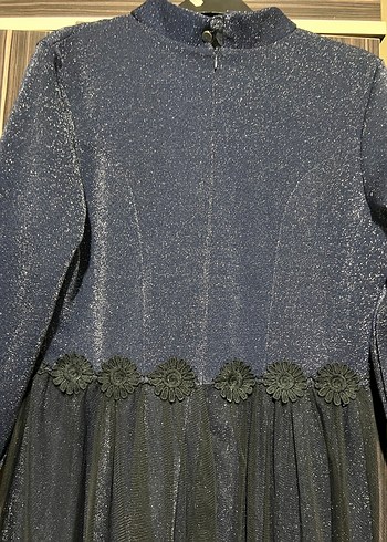 Uzun Kollu, Pilili, Yüksek Yakalı Mavi Gotik Abiye Elbise - Görsel 6