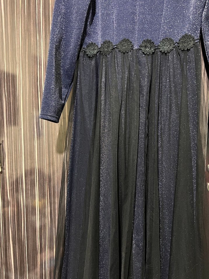 Uzun Kollu, Pilili, Yüksek Yakalı Mavi Gotik Abiye Elbise - Görsel 5