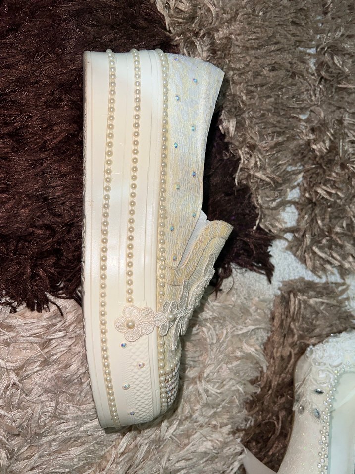 Dantel İşlemeli Bej Dolgu Topuklu Kadın Babet - Görsel 5