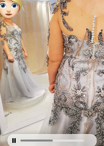 Straplez Nakışlı Gri Dantelli abiye Elbise - Görsel 3