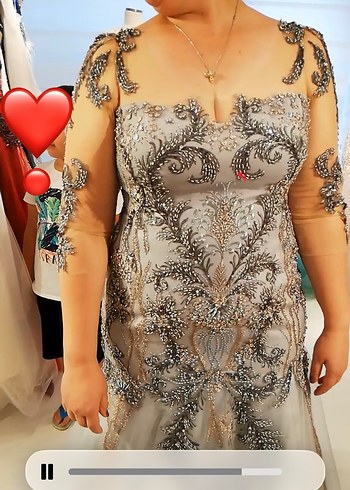 Straplez Nakışlı Gri Dantelli abiye Elbise - Görsel 2