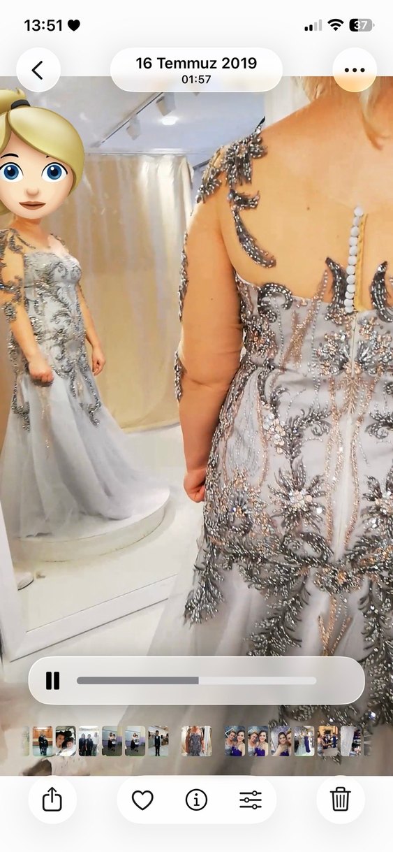 Straplez Nakışlı Gri Dantelli abiye Elbise - Görsel 3