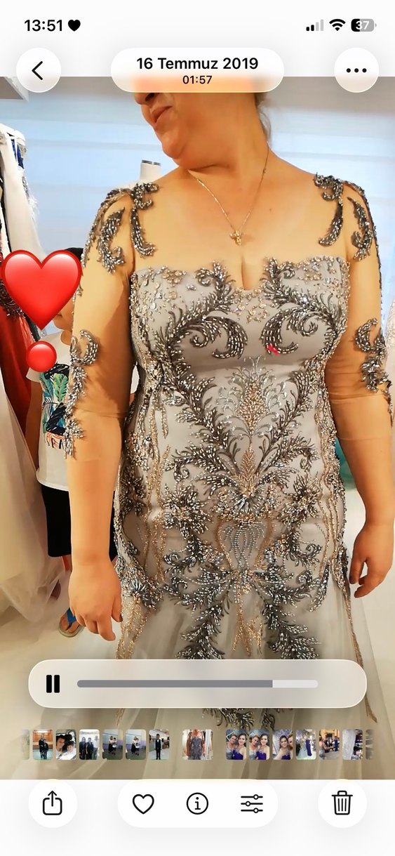 Straplez Nakışlı Gri Dantelli abiye Elbise - Görsel 2