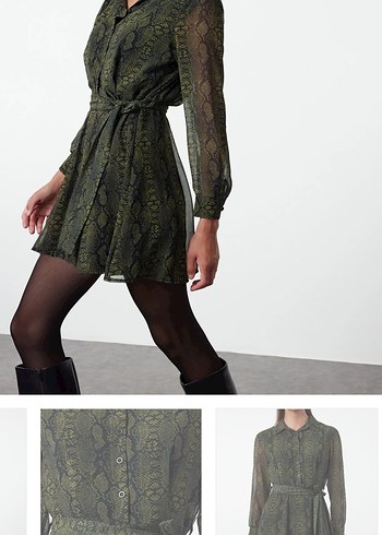 Haki Yılan Desenli Mini Elbise - Görsel 2