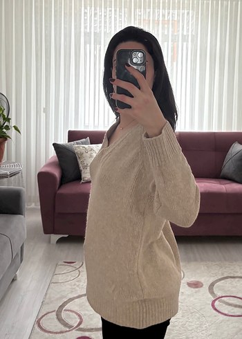 Bej V Yakalı Triko Kadın Kazak - Görsel 2