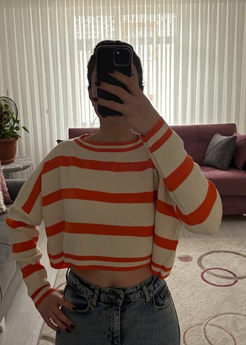 Turuncu Çizgili Örgü Kadın Kazak - Görsel 3