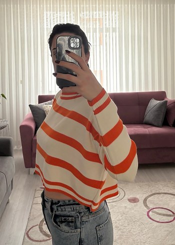 Turuncu Çizgili Örgü Kadın Kazak - Görsel 2