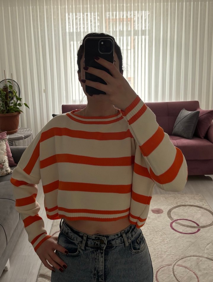 Turuncu Çizgili Örgü Kadın Kazak - Görsel 3