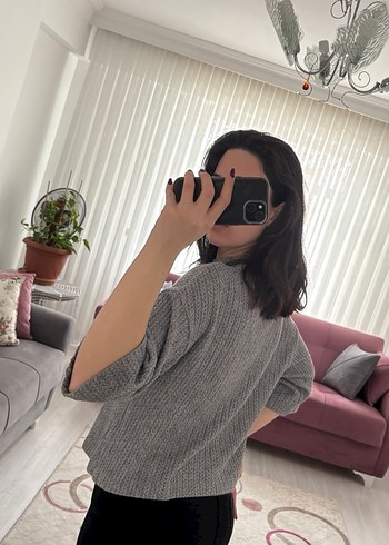 Gri Yüksek Yakalı yarım kollu Örgü Kadın Kazak - Görsel 2