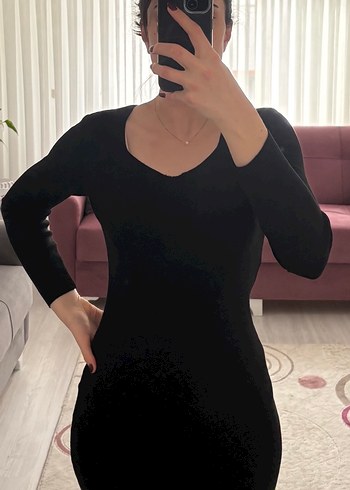 Siyah V Yaka Uzun Kollu Midi Elbise - Görsel 2