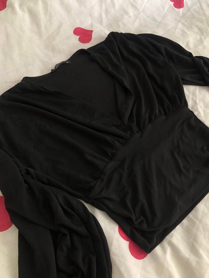 Siyah Drapeli V Yaka Uzun Kollu Bluz - Görsel 2