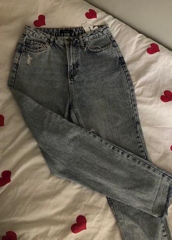Düğmeli Gri Mavi Kadın Denim Pantolon - Görsel 3