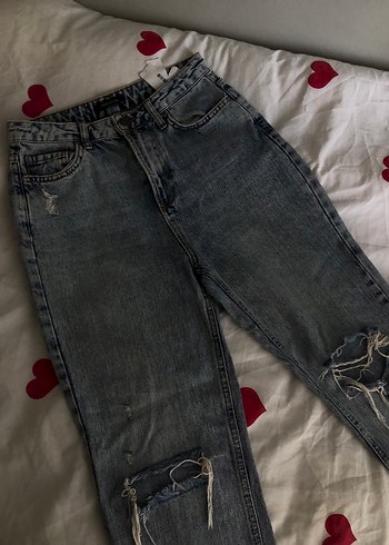 Düğmeli Gri Mavi Kadın Denim Pantolon - Görsel 2