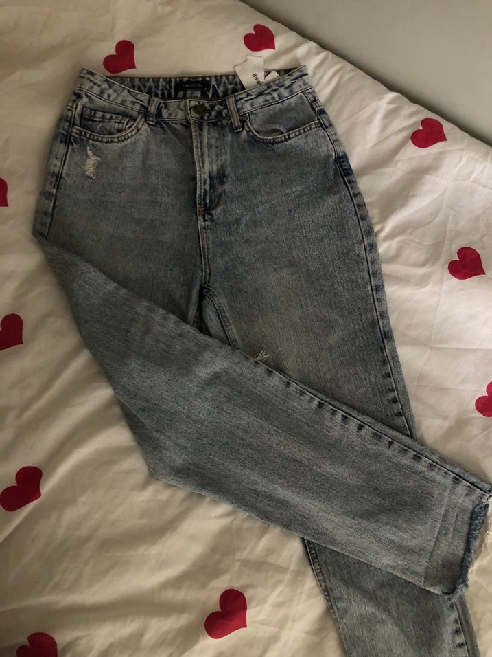 Düğmeli Gri Mavi Kadın Denim Pantolon - Görsel 3