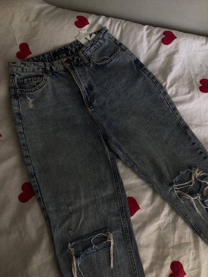 Düğmeli Gri Mavi Kadın Denim Pantolon - Görsel 2