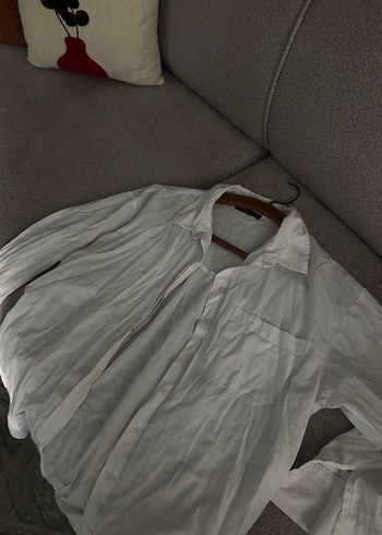 Düğmeli Beyaz Keten Kadın Gömlek - Görsel 2