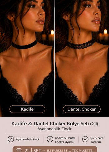 Diğer Kadife Dantel Choker Kolye Seti 2 Li