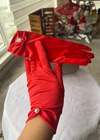 Vintage Kırmızı Saten Eldiven - Görsel 6