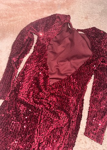 Bordo Payetli Uzun Kollu Abiye Elbise - Görsel 3