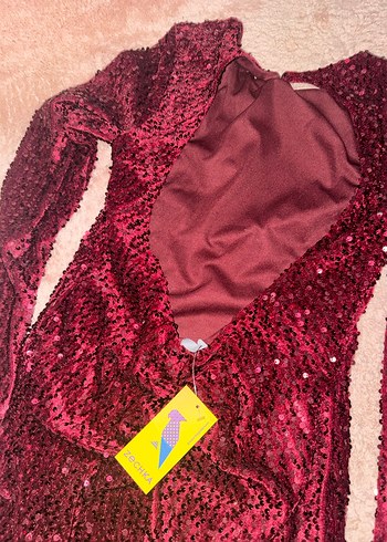 Bordo Payetli Uzun Kollu Abiye Elbise - Görsel 5