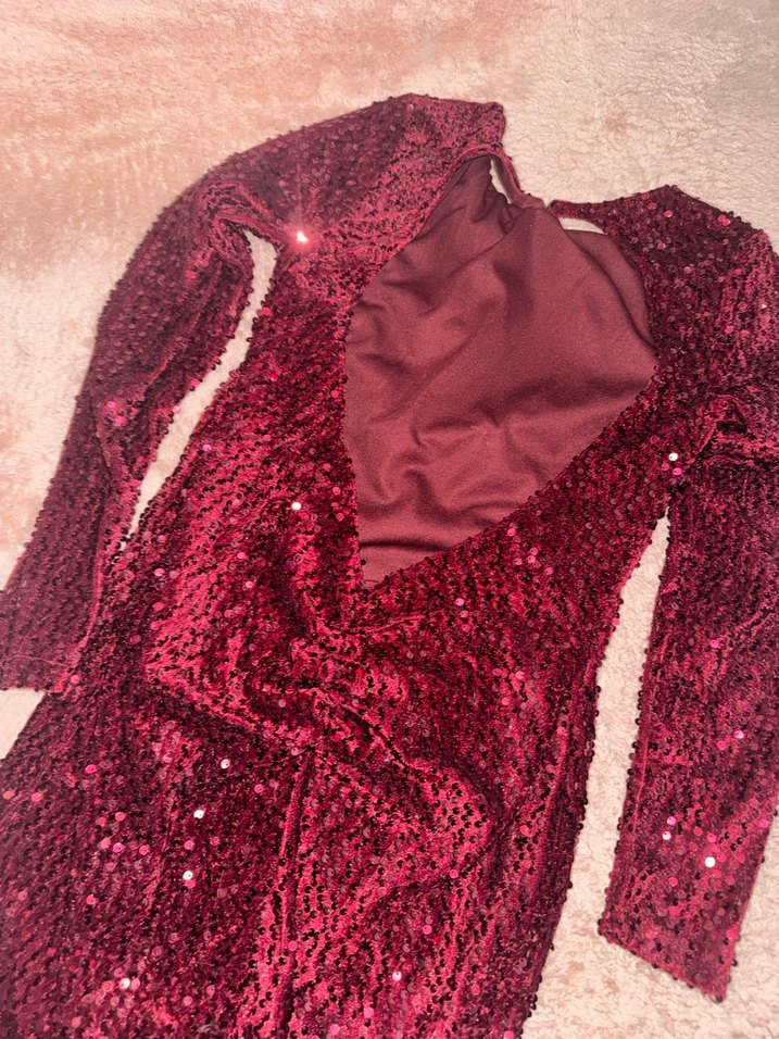 Bordo Payetli Uzun Kollu Abiye Elbise - Görsel 3