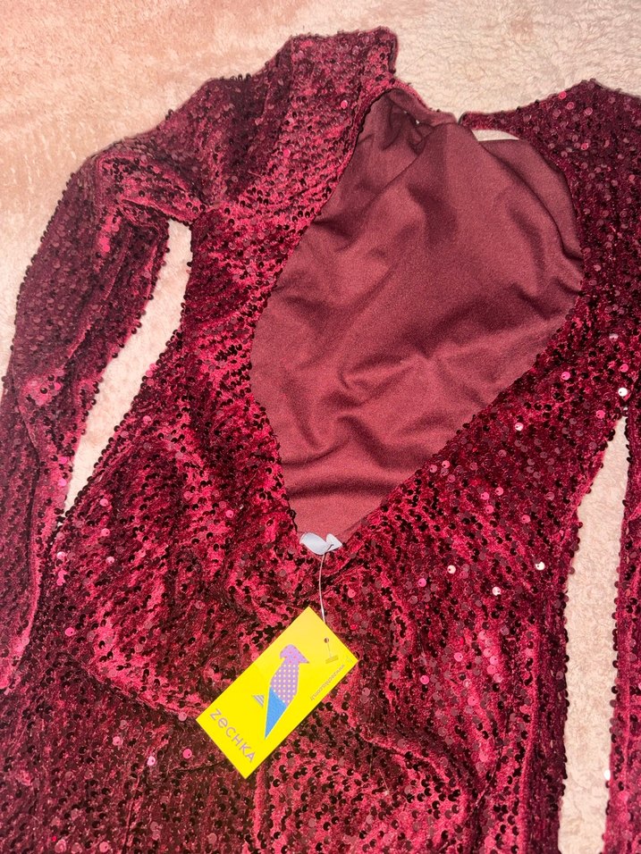 Bordo Payetli Uzun Kollu Abiye Elbise - Görsel 5