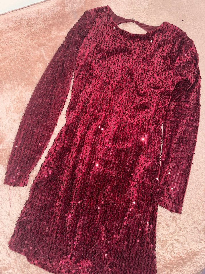 Bordo Payetli Uzun Kollu Abiye Elbise - Görsel 2