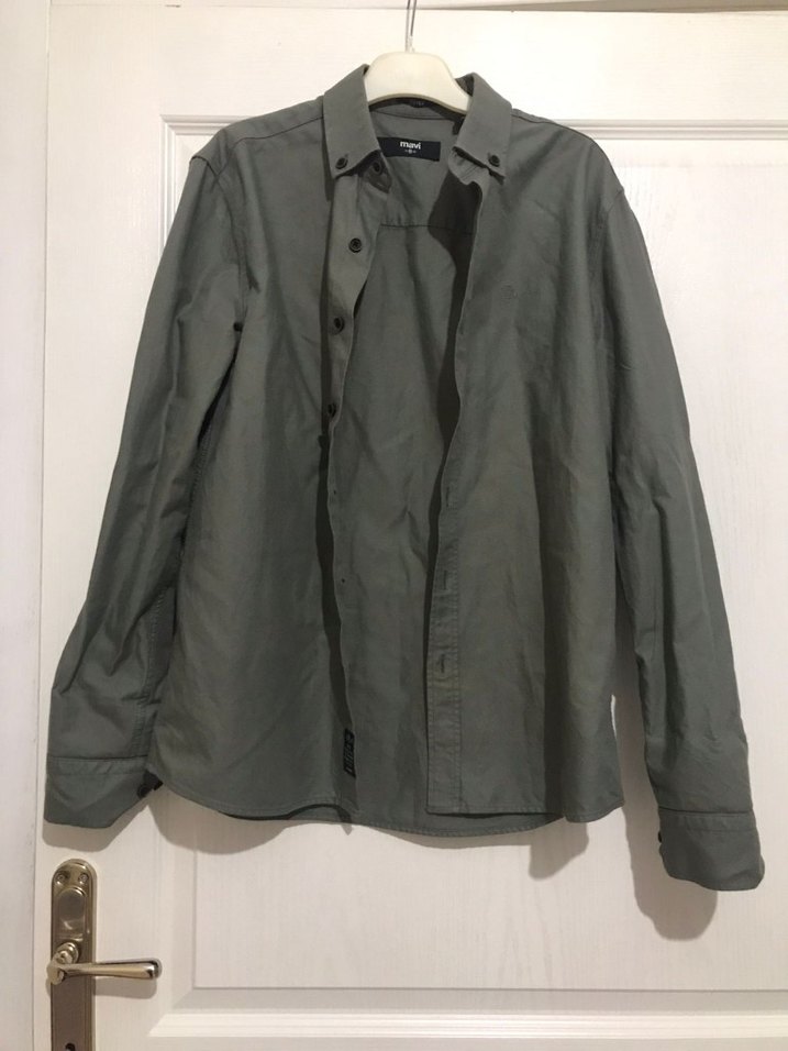 Haki Erkek Keten Gömlek, Uzun Kollu, Düğmeli - Görsel 2