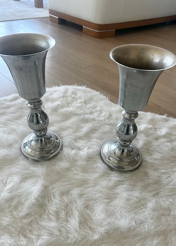 Gümüş Renkli Metal Vazo Çifti 37 cm - Görsel 3
