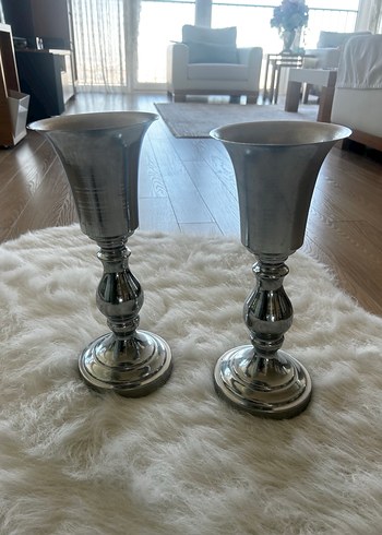 Gümüş Renkli Metal Vazo Çifti 37 cm - Görsel 2