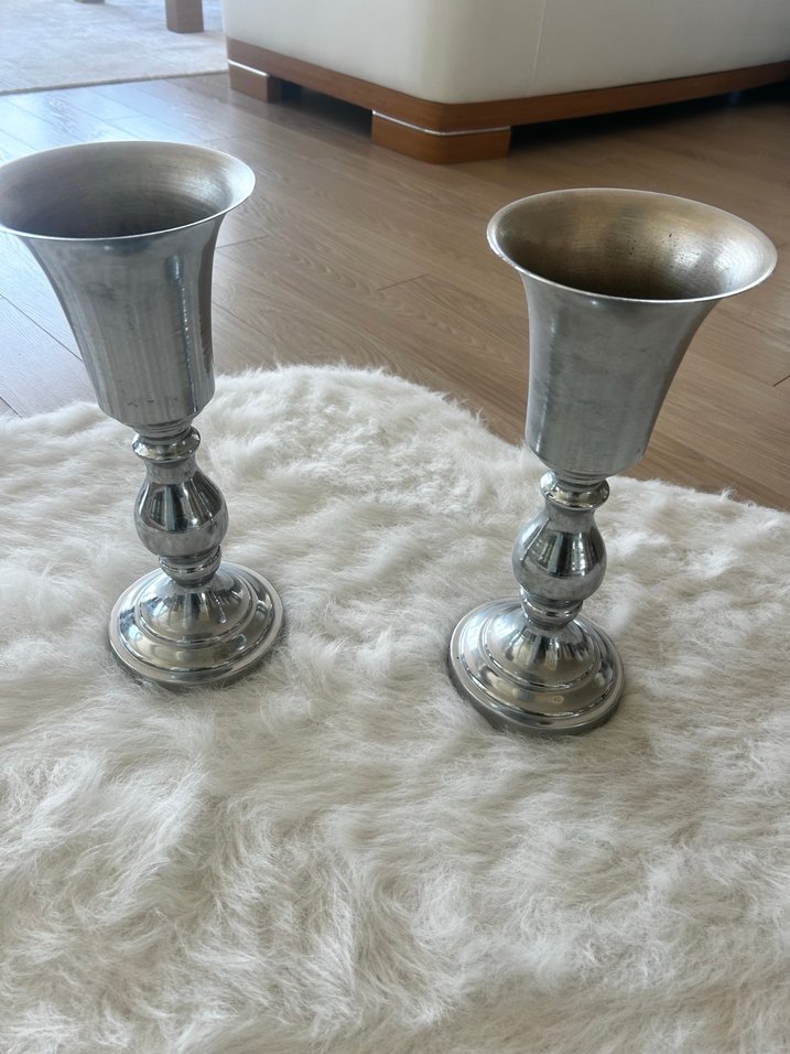 Gümüş Renkli Metal Vazo Çifti 37 cm - Görsel 3
