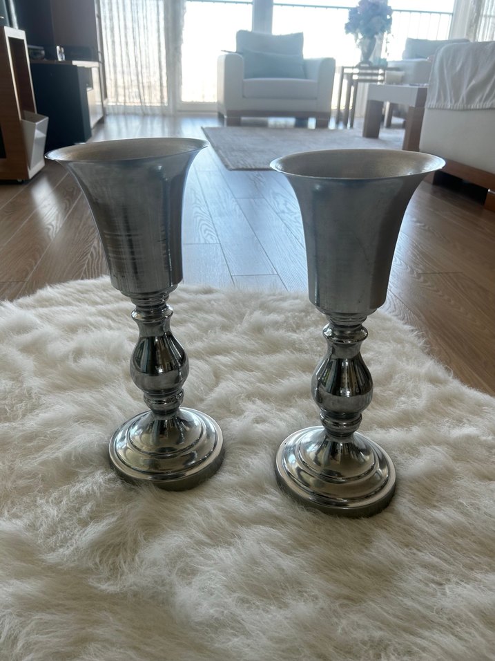 Gümüş Renkli Metal Vazo Çifti 37 cm - Görsel 2