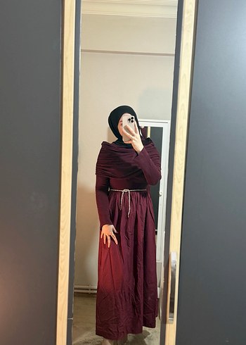 Bordo Drapeli Uzun Kollu Kadın Elbise - Görsel 9